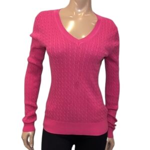 💠TOMMY HILFIGER Pima Cotton Cable Knit Sweater Barbie Pink Vneck Pullover